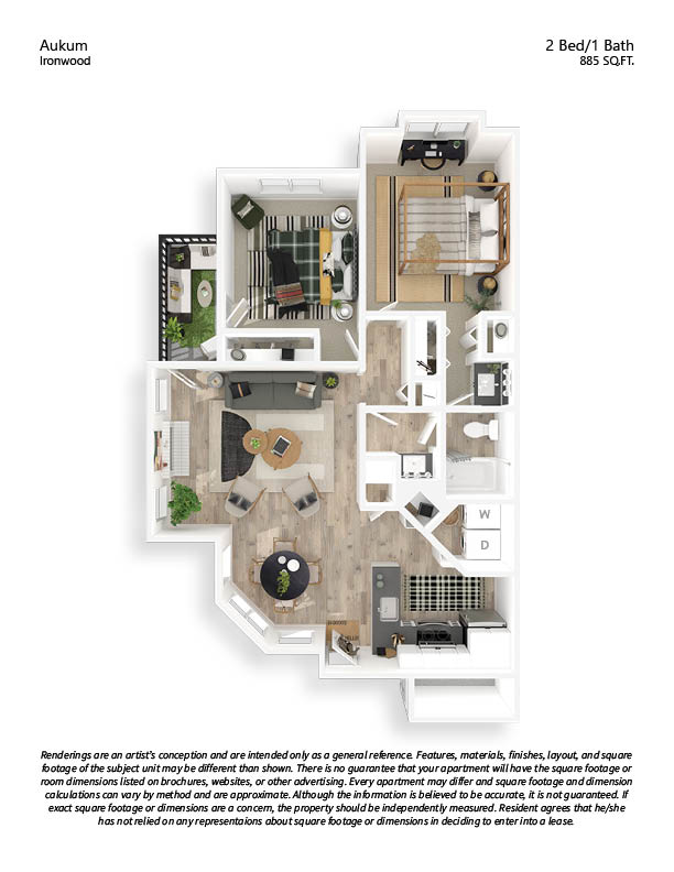 Floor plan for 2 beds, 1 bath, 885 sqft
